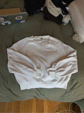 Free People Cream Textured Balloon-Sleeve Crewneck Sweater